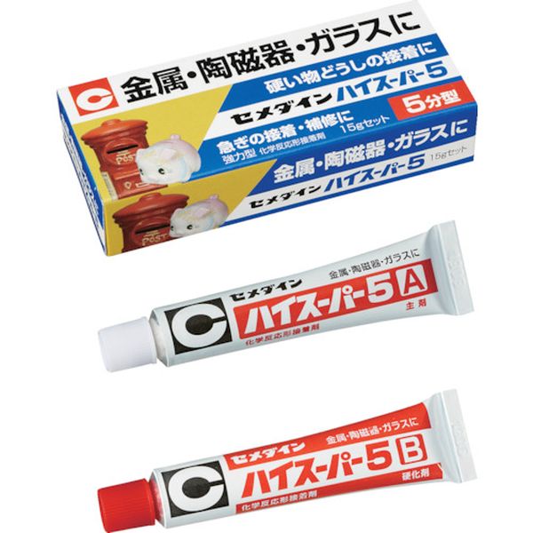 ・硬質材料に最適です。・耐熱性、耐水性、耐薬品性に優れます。・混合して5分後から硬化が始まります(23℃)。・主剤を青色に着色しており、混合が完了すると青色が消えます。・日曜大工に。・プラモデル、金属模型、釣り具の制作、補修に。・色(主剤/硬化剤)：青色半透明/淡黄色半透明・容量(g)：15・可使時間(23℃)：5分・硬化時間(23℃)：1時間・色：硬化後淡色透明・梱包状態：箱・硬化時間(23℃)：1時間・可使時間(23℃)：5分・2液混合型・チューブタイプ・主成分:エポキシ樹脂(主剤)、ポリチオール(硬化剤)・A液(主剤)7.5g　B液(硬化剤)7.5g・ヘラ、ねり板・ヘラ・ポリ板・生産国 日本・JANコード 4901761100526・質量 28g・コード：309-0680 ・品目：CA184CA-184楽天 HD店　