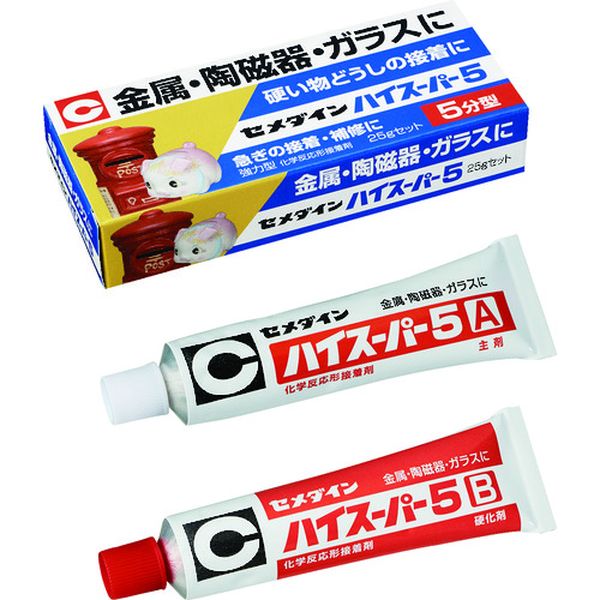 ・硬質材料に最適です。・耐熱性、耐水性、耐薬品性に優れます。・混合して5分後から硬化が始まります(23℃)。・主剤を青色に着色しており、混合が完了すると青色が消えます。・日曜大工に。・プラモデル、金属模型、釣り具の制作、補修に。・色(主剤/硬化剤)：青色半透明/淡黄色半透明・容量(g)：25・可使時間(23℃)：5分・硬化時間(23℃)：1時間・色：硬化後淡色透明・梱包状態：箱・硬化時間(23℃)：1時間・可使時間(23℃)：5分・2液混合型・チューブタイプ・主成分:エポキシ樹脂(主剤)、ポリチオール(硬化剤)・A液(主剤)12.5g　B液(硬化剤)12.5g・ヘラ、ねり板・ヘラ・ポリ板・生産国 日本・JANコード 4901761100557・質量 41g・コード：309-0698 ・品目：CA185CA-185楽天 HD店　