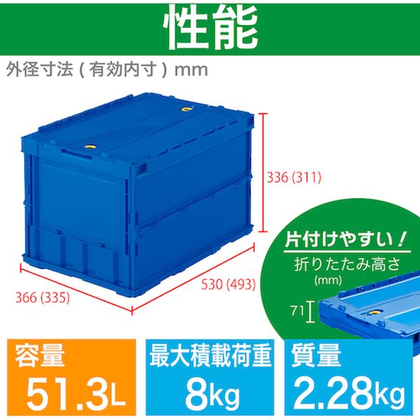 ヒロチー商事 ハーレー 楽天市場店の【メーカー在庫あり】 TRC50B オリコン 薄型折りたたみコンテナ 50L ロックフタ付 ダークブルー ダークブルー TR-C50B HD店｜アングル3
