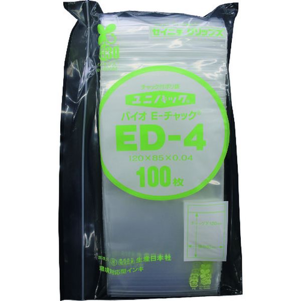 ・チャック付ポリエチレン袋です。・従来品と比較しCO2排出量を約20％削減・バイオマスマーク認定商品・開けやすく閉めやすいE-チャックを採用・衣類・日用雑貨・食品など幅広い用途に使用できます。・色：透明・縦(mm)：120・横(mm)：85・厚さ(mm)：0.04・厚さ：0.04mm・開口段差カット・底折り返し・天開き・サイド溶断シール・グリーン購入法適合品・開け易くて閉め易いEチャックです。・グリーンポリエチレン(PE)・　・酸・アルカリなど特殊な内容物や細かな使用については、事前にご相談ください。・生産国 日本・JANコード 4909767162043・質量 123g・コード：194-9091 ・品目：ED4100ED-4-100楽天 HD店　