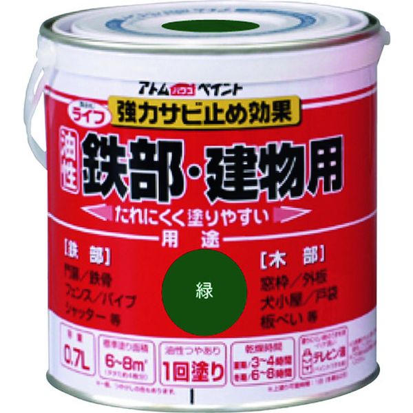 ・木部や鉄部に幅広く使える塗りやすい油性建物用塗料です。・強力さび止め効果で鉄部をサビから守ります。・門扉、鉄骨、シャッター、パイプなどの鉄部に。・窓枠、外板、戸袋、板塀などの木部に。・色：緑・容量(L)：0.7・乾燥時間：夏期/3～4時間、冬期/6～8時間・指触乾燥時間：夏期/3～4時間、冬期/6～8時間・塗り重ね可能時間：夏期/1日以上、冬期/2日以上・塗り重ね回数：1・塗布面積(［［M2］］)：6～8(畳換算約4枚)・塗り面積：6～8m2(畳枚数換算約4枚)・液性：油性つやあり(つや消し色は除く)・希釈剤：通常不要・濃いときはペイントうすめ液で5%以内・合成樹脂(長油性フタル酸)・トタン、スレート、コンクリートには塗れません。・厚塗りするとチジミ現象が発生する可能性があります。・塗れない場所の代表例：浴室床、ユニットバス、池など水が溜まる所、油分がある所、アルミ、ステンレス、磁器タイル、化粧合板、ビニールクロス、プラスティック、鉄以外のメッキ面 、高級家具、バイク、自動車、床面全般など・生産国 日本・JANコード 4971544002118・質量 1.020kg・コード：202-4156 ・品目：000010021100001-00211楽天 HD店