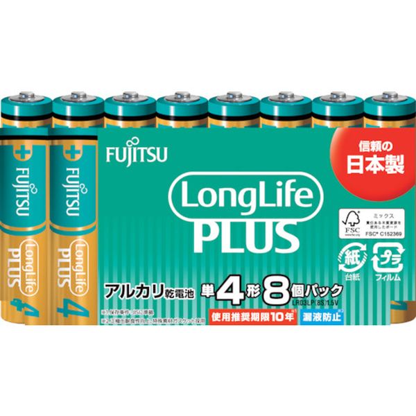 ・ふだん使いの機器にロングライフプラスタイプ・高い信頼性とコストパフォーマンスを誇るスタンダードタイプのアルカリ乾電池。・使用推奨期限が10年で備蓄にも最適。・中電流機器から小電流機器に適しています。・タイプ：単4・使用推奨期限(年)：10・電圧(V)：1.5・10年保存・漏液防止構造・日本製・生産国 日本・JANコード 4976680278151・質量 89.700gLR03LP(8S)楽天 HD店　