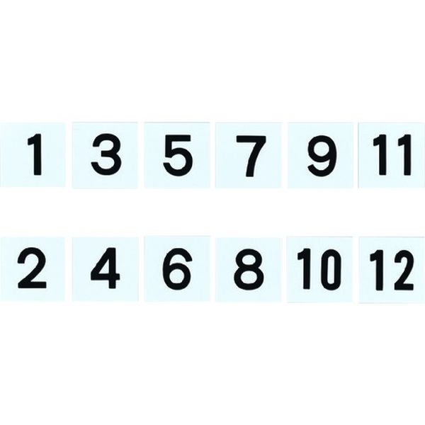 ・「1の裏は2」「3の裏は4」と、1から12までの数字が両面に印刷された6枚組の樹脂製プレートです。・別売のスチール製ケース(228040)と合わせてご使用ください。・作業場内での区画整理や棚番表示に。・無災害記録表などの日付表示札として。・表示内容：1⇔2・3⇔4・5⇔6・7⇔8・9⇔10・11⇔12・縦(mm)：50・横(mm)：50・厚さ(mm)：0.5・色：白地・黒文字・両面表示・セット商品：6枚1組・硬質塩化ビニール・生産国 日本・JANコード 4932134138815・質量 12g・コード：106-7857 ・品目：228041228041楽天 HD店