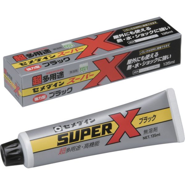 ・ショックに強く剥がれにくいです。・熱・水に強いです(-40〜120℃)。・無溶剤で肉やせしません。・タレが少なく、軽量物なら仮止め不要です。・いやなニオイが少ないです。・超多用途・無溶剤・弾性接着剤のスーパーXシリーズです。・熱・水・ショックに強く、屋外でもご使用いただけます。・1液、無溶剤で広範囲な材料に接着が可能です。・速固化・粘着接着で仮止め不要です。・金属、プラスチック、ゴム、コンクリートの接着に。・タイル、ガラス、陶磁器、木材、皮革、布の接着に。・※接着できないもの：PE、PP、フッ素樹脂、ポリアセタール等。・色：黒色・容量(ml)：135・使用温度範囲(℃)：-40〜120・容量(L)：0.135・硬化時間：10分・チューブタイプ・スーパーXシリーズ・日本接着剤工業会自主登録商品：日本接着剤工業会　JAIA F☆☆☆☆・主成分：変成シリコーン樹脂・ヘラ・ノズル・生産国 日本・JANコード 4901761160247・質量 173g・コード：813-5023 ・品目：AX040AX-040楽天 HD店　