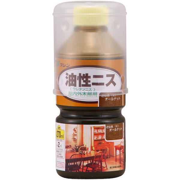 ・長年愛用されている耐久性に優れたニスです。・色：オールナット・容量(L)：0.27・乾燥時間：(20℃)：3〜4時間・塗り重ね回数：2回塗り・塗布面積(［［M2］］)：約2平方メートル(畳約1枚)・塗り面積(2回塗り)：約2平方メートル(畳約1枚)・乾燥時間(20℃)：3〜4時間・うすめ液：ペイントうすめ液、または難燃性ペイントうすめ液・合成樹脂(ウレタン)、顔料(クリヤーを除く)、有機溶剤・生産国 日本・JANコード 4965405210538・質量 0.300kg・コード：531-6623 ・品目：900604900604楽天 HD店