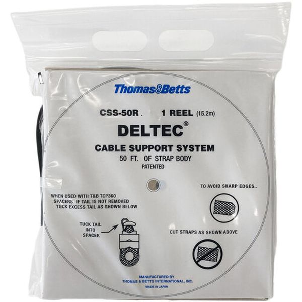 ・Deltec(デルテック)は、屋外で最低20年間使用できるように設計されたリールストラップタイプの結束バンド(ケーブルタイ)です。・非常に優れた対候性を有する耐候性アセタール樹脂を使用した、標準タイプ(幅12.7mm)、全長50mのリールストラップです。・たすき掛け結束など、結束方法は比較的自由にアレンジ可能です。・必要な長さだけを使用するため、廃材が出ず環境にやさしい製品です。・電設工事用・色：黒・幅(mm)：12.7・長さ(mm)：50000・長さ(m)：50・リール全長(m)：50・耐候性アセタール・生産国 日本・JANコード 4582101362509・質量 1.110kg・コード：627-7059 ・品目：CSS50MRCSS-50MR楽天 HD店