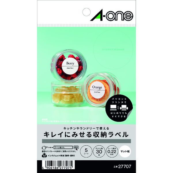 ・インクジェットプリンタで印刷した文字やイラストが水に濡れても滲まず、キッチンやランドリーでご使用いただけます。・筆記具を選ばず手書きでもご使用いただけます。・豊富なテンプレートで自分だけの収納ラベルが簡単に作成できます。・色：白・面付：2列×3段(6面)・1パック内：30片・ラベルサイズ(mm)縦：40・ラベルサイズ(mm)横：40・シートサイズ：A6・ラベルサイズ(mm)縦×横：Φ40・総厚さ：0.22mm、ラベル厚さ：0.11mm・シートサイズ：A6・インクジェット専用・上質紙＋インクジェット専用塗工・生産国 日本・JANコード 4906186277075・質量 20g・コード：149-4605 ・品目：2770727707楽天 HD店