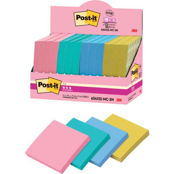 ・カラフルな4色のセットなので、色で識別したり、書いた部分を目立たせたりすることができます。・粘着力が2倍(当社通常粘着製品比)なので、つきにくい場所にもしっかりと貼れます。・紙製のふせんなので、筆記具を選ばずに使用できます。・色：ポジティブリィピンク・アクアスプラッシュ・ブルー・シトロン・縦(mm)：75・横(mm)：75・パック入数：90枚×12パッド・サイズ：75mm×75mm・枚数：90枚×12パッド・外箱入数：10個・紙箱・生産国 アメリカ・JANコード 4550309344115・質量 530g・コード：607-2417 ・品目：6541SSMC3N6541SS-MC-3N楽天 HD店