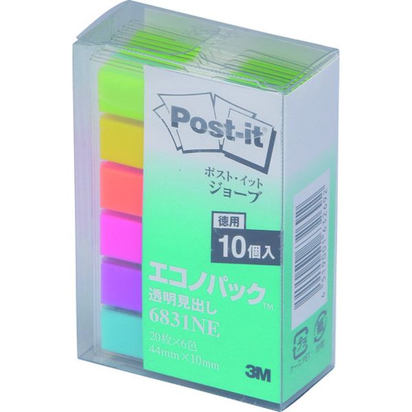 ・丈夫で破れにくい、フィルム素材のポスト・イット［［R上］］ 製品です。・貼ると透明になり下の絵や文字を隠しません。・1枚ずつ取り出せるポップアップ式です。・まとめ買いにおすすめの10個パックです。・幅のタイプや色数が豊富で、ページの細かい分類や数多くの見出しが必要な時に。・色：メロン・イエロー・オレンジ・ローズ・パープル・スカイブルー・縦(mm)：44・横(mm)：10・パック入数：20枚×6パッド×10パック・サイズ：44×10mm・タイプ：アソート・箱入数(枚)：各色200・グリーン購入法適合品・GPNエコ商品ねっと掲載品・基材：ポリエステル・粘着剤:アクリル系・ディスペンサー：再生PET・生産国 アメリカ・JANコード 4519001632692・質量 74g・コード：406-3091 ・品目：6831NE6831NE楽天 HD店
