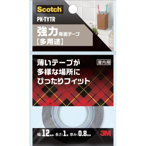 ・ねじや釘を使わずに多様なものを粘着・固定できます。・薄手のテープが接着するもの同士にすき間を少なく、ぴったりフィットします。・接着力の強い両面テープです。・屋内でのステンレス、タイル、木面など多用途に。・色：グレー・幅(mm)：12・長さ(m)：1・厚さ(mm)：0.8・テープカット条件：切断にははさみ/カッタ-が必要・粘着力(N/10mm)：90度方向剥離力:38・使用温度範囲(℃)：-20〜180・90度方向剥離力：38N/10mm・使用温度範囲：-20〜180℃・屋内多用途・切断にはカッターが必要・基材：アクリルフォーム・粘着剤：アクリル系・接着力が強いため、はがす際に接着面を傷めることがあります。破損しやすい物や、落下した際に危険な場所へは使用しないでください。テープ本来の接着力を発揮するまでに約1日かかります。その間はテープに強い力を与えないで下さい。水分に触れるような場所や、浴室など湿度が高いところでは使用しないでください。・冬など、気温10℃以下では接着しにくくなります。ドライヤーなどでテープと貼るもの、貼る場所をあたためてからご使用下さい。・生産国 日本・JANコード 4550309264659・質量 11g・コード：389-2959 ・品目：PKTYTRPK-TYTR楽天 HD店