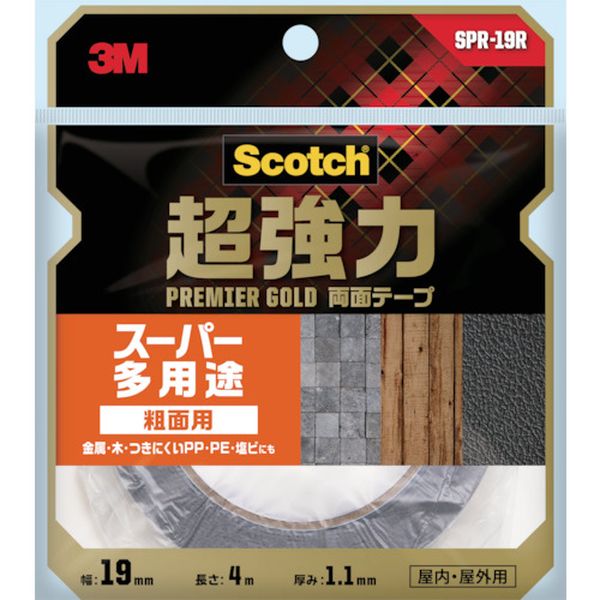 ・粗面にも使用可能です。・木、金属、塩化ビニール、プラスチック、軟質塩化ビニールやベニヤ・タイルなどの粗面に。・色：グレー・幅(mm)：19・長さ(m)：4・厚さ(mm)：1.1・テープカット条件：切断にははさみ/カッタ-が必要・粘着力(N/10mm)：90度方向剥離力：30・使用温度範囲(℃)：-20〜80・90度方向剥離力：65N/10mm・使用温度範囲：-20〜80℃・JIS規格＜Z1541＞1種レベル(構造用接合部)・切断にはカッターが必要・基材：アクリルフォーム・粘着剤：特殊アクリル系・シリコーン、フッ素樹脂加工表面には使用できません。・生産国 日本・JANコード 4550309264260・質量 96g・コード：389-2953 ・品目：SPR19RSPR-19R楽天 HD店