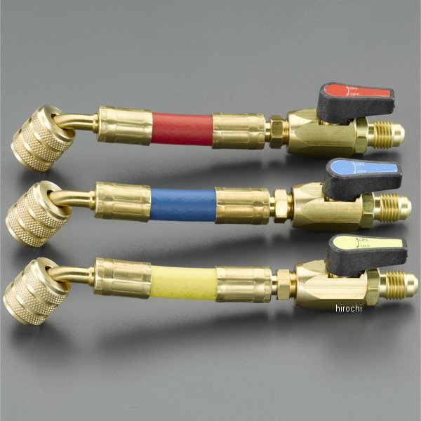 エスコ ESCO 1/4"x5/16" ボールバルブ付異径ホースアダプター3本セットねじサイズ 1/4インチオス×5/16インチオスメス(ローレット)全長 150mm常温圧力 3.0MPaカラー 赤、青、黄入数 各色1本(3本入)冷媒の吹き出しを最小限に抑えます。R410Aの回収時等に使用する(一般的にフロン回収機に付属のホースは1/4”)と非常に便利です。EA104SB-10楽天 JP店　