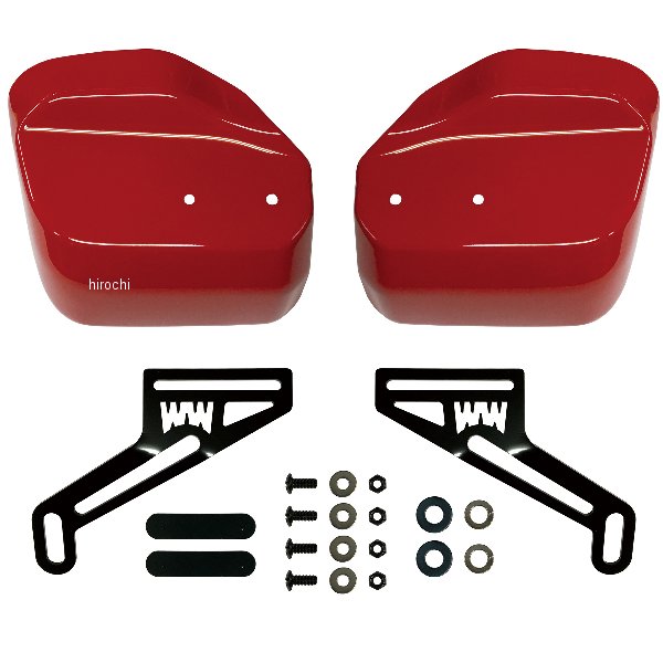 ワールドウォーク 塗装大型ナックルガード18年-22年 ホンダ クロスカブ110(2BJ-JA45)(8BJ-JA60)カラー:マグナレッドサイズ:縦190mm×横170mm-220mmナックルガード素材:アクリル取り付けステー素材:スチール黒塗装仕上げ取り付け箇所はナックル本体へのセットとミラー基部だけというシンプルな造りです。ミラー基部は長穴仕様になっているので、多少の微調整も可能です。 汎用品程のフレキシブルさはありませんが、ナックル側に取り付けたステーの位置も左右に動かせるので取り付け時の微調整も可能です。出来る限り手元が濡れないように上下に大きさを広げるだけでなく、くの字形状を採用し雨が手にかからないような設計にしました。 手の甲だけでなく腕から肩にかけての風当たりも大きく軽減する為、疲労を軽減する効果もあります。ws-39-RED楽天 JP店