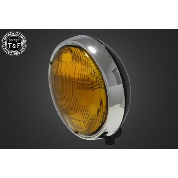 【New】 ガレージT&F 5.75in プレートヘッドライト(メッキ/ブラック)イエローレンズ+ステーK エリミネーター250V 4022555 JP店