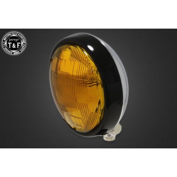 【New】 ガレージT&F 5.75in プレートヘッドライト(ブラック/メッキ)イエローレンズ+ステーB バルカン400クラシック 4022615 JP店