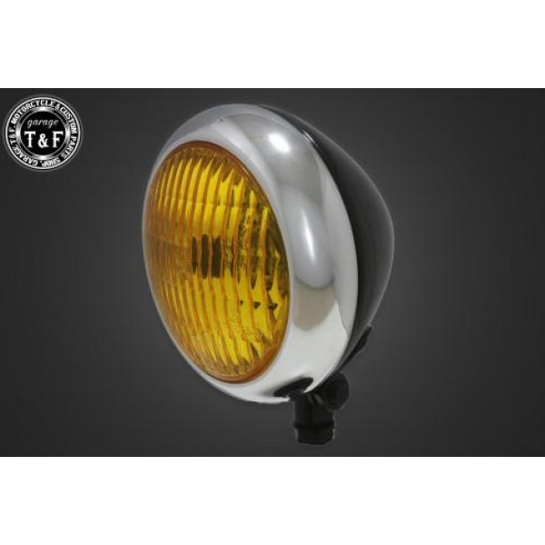 【New】 ガレージT&F 4.5in トラクターヘッドライト(メッキ/ブラック)イエローレンズ+ステーC SR400 4023157 JP店