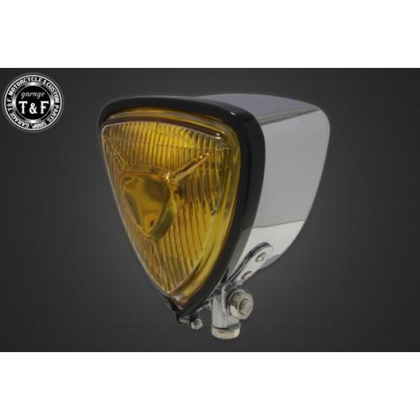 【New】 ガレージT&F トライアングルヘッドライト(ブラック/メッキ)イエローレンズ+ステーE W400(W650、W800) 4021999 JP店