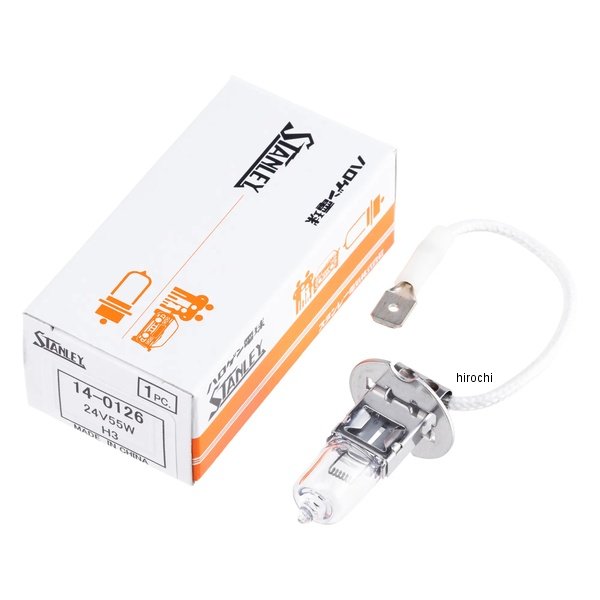 スタンレー STANLEY 24V55W H3 ハロゲン電球ガラス形状：T10タイプ：H3定格：24V 55W口金：PK22sガラス着色：クリア本体サイズ(概寸)：10×42入数：1個入※商品画像は参考です。実際の商品と色や形状が異なる場合がございますのでご注意ください。14-0126楽天 JP店