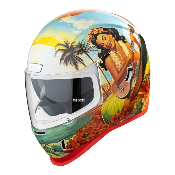 アイコン ICON フルフェイスヘルメット AIRFORM MIPS ISLAND TIME XSサイズアイコン ICON フルフェイスヘルメット エアーフォーム アイランドタイム XSサイズサイズ：XS規格：DOT（米国）、ECE（ヨーロッパ）、PSC（日本）シェル：ポリカーボネート重量：1,640g Medium Size (+/-50g)・クーリングシステムスーパーベント。効率の良い、吸排気システムを実現・チークエキゾーストシステム内部への空気の流れを制御・ハイドラドライ・チークパッド/ライナー吸水性に優れ、内部の通気を快適な環境に保ちます。取り外し・丸洗いが可能。・オプティクス・シールドポリカーボネート製。工具無しで簡単に脱着が可能※曇り止め加工された、クリア・シールドを標準装備・サイド・プレートプラスチック製。オプティクス・シールド専用。脱着可能。※グラフィックの面積の増加・シールドロックシステム風圧によるまくれ上がりを防止ICONの「Moto-Street-Style」を定義するモデル約20年にわたりストリートスタイルを牽引してきたICONが放つAIRFORM。納得のデザイン、心地よいフィット感、そして高い品質を兼ね備えています。吸汗速乾性に優れたHydra-Dry内装や、朝から晩まで走るライダーに必須のドロップシールドを装備。個性を主張するためのカスタムパーツも豊富に用意されています。AIRFORM の注目ポイント■高強度ポリカーボネイトシェル射出成形によるポリカーボネイト製。優れた強度と耐久性を誇り、長期間の使用でも信頼のプロテクションを発揮。■卓越したエアフロー制御大型スーパーベントと排気ポートを最適に配置。スイッチ一つで簡単に調整でき、走行中も快適な環境を維持します。■曇り止め加工済オプティクスシールドクリアな視界を約束するフォグフリー加工。AIRFRAME PROと共通のシールドシステムを採用し、交換も容易。■利便性を高めるドロップシールド日差しに合わせて瞬時に開閉可能。内部にはスピーカー装着スペースも設けられており、インカムの取り付けもスムーズです。■脳を守るMIPSライナー搭載モデル特殊な低摩擦層ライナーを追加。衝撃時の脳へのダメージを軽減する最新の安全技術を採用しています。(注) AIRFORMヘルメット全てに搭載されておりません。MIPSライナーを装備しているモデルはロゴ表記があります。■HydraDry 吸汗速乾内装吸湿性に優れ、肌触りも抜群。フル脱着可能で、洗えるため常に清潔な状態をキープできます。0101-20627楽天 JP店