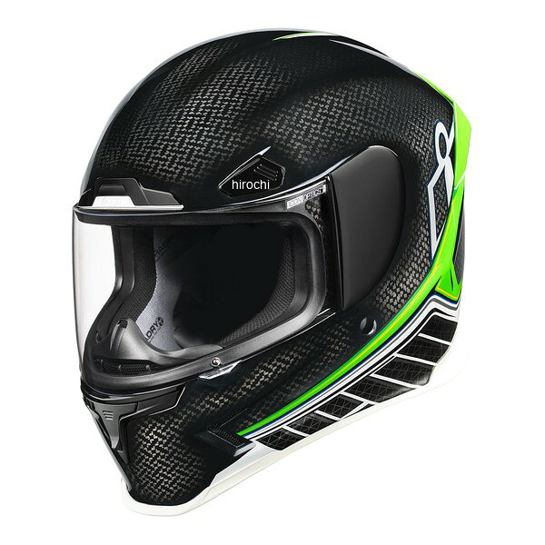 アイコン ICON フルフェイスヘルメット AIRFRAME PRO CARBON HYPERSTRIKE グリーン 2Xサイズアイコン ICON フルフェイスヘルメット エアーフレーム プロ カーボン ハイパーストライク グリーン 2Xサイズサイズ：2Xカラー：グリーン規格：DOT（米国）、ECE（ヨーロッパ）、PSC（日本）シェル：ファイバーグラス/ダイニーマ/カーボンファイバー重量：1,625g(Carbon 1,500g) Medium Size (+/-50g)・クーリングシステム効率の良い吸排気システムを実現・チークエキゾーストシステム内部への空気の流れを制御・ハイドラドライ・チークパッド/ライナー吸水性に優れ、内部の通気を快適な環境に保ちます※取り外し・丸洗いが可能。・シールドポリカーボネート製。歪みの無い曲面を実現した、高性能シールド。※曇り止め、UVカット加工されたクリア・シールドを標準装備・チンカーテン取り外し可能スポーツバイクの「攻めるポジション」に特化した最上位モデル現代のスポーツバイク特有の前傾姿勢を徹底研究。シート位置が高くハンドルが低い「攻撃的なポジション」でも、広い視界と空力性能を確保するためにゼロからデザインされました。■ 27通りの「精密なフィット感」内装を5ピース構造にアップグレード。各パーツの厚みを細かく調整することで、一つの帽体から驚異の27通りものフィッティングを実現しました。■ 前傾姿勢でも「広い視界」を確保攻撃的なポジションをとった際、従来のヘルメットで遮られがちだった上方の視界を拡大。サーキットからストリートまで、首の疲れを抑えて前方に集中できます。■ 首への負担大幅軽減「ストレスのない姿勢」ヘルメット後部のベースラインを大胆に削り落とした独自の形状。前傾時に首を大きく反らしても、ジャケットの襟に干渉せずスムーズな動きを可能にします。■極限の軽さと強度FRPを用いたハンドメイド帽体。4つのシェルサイズ展開で、最適なフィット感を実現。■圧倒的なベンチレーション大型吸気ポートが走行風を取り込み、ヘルメット内の熱気を素早く排出。夏場も快適です。■HydraDry素材を使用した内装吸汗速乾性に優れサラッとした被り心地。内装は全て取り外して手洗い可能だから清潔感もキープできる。0101-20674楽天 JP店