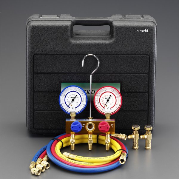 圧力計：-0.1から3.5MPa連成計：-0.1から2.5MPa接続ポート径：UNF7/16-20(1/4"フレア)チャージホース：100cmX3本ゲージ径：φ68mm(耐振カバー付)コントロールバルブ：2個付サイトグラス付ボールバルブ式の為、90°開閉でバルブ操作が行えます。ゼロ調節ねじ付000012056274　