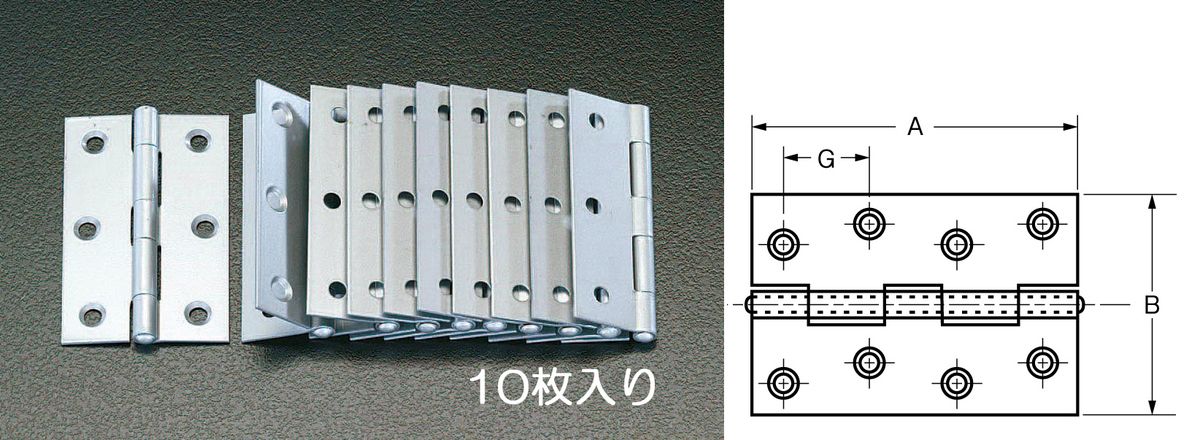 材質：スチール(シルバーメラミン焼付)サイズ(mm)：A：64、B：42、G：25穴数：6穴径：4.6mm入数：10枚木ねじ付000012041989　