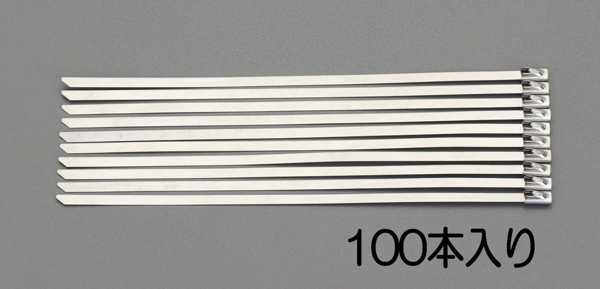 ●材質:SUS304●全長:265mm●幅:4.6mm●最大直径:69mm●厚み:0.25mm●重量:約3g(1本あたり)結束ツールはEA463FWを使用して下さい。入数は100本入りです。000012224714　