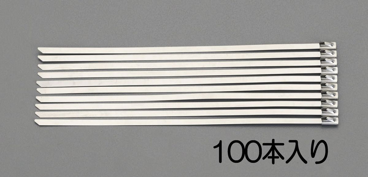 ●材質:SUS304●全長:520mm●幅:7.9mm●最大直径:152mm●厚み:0.25mm●重量:約10g(1本あたり)結束ツールはEA463FWを使用して下さい。入数は100本入りです。000012224737　