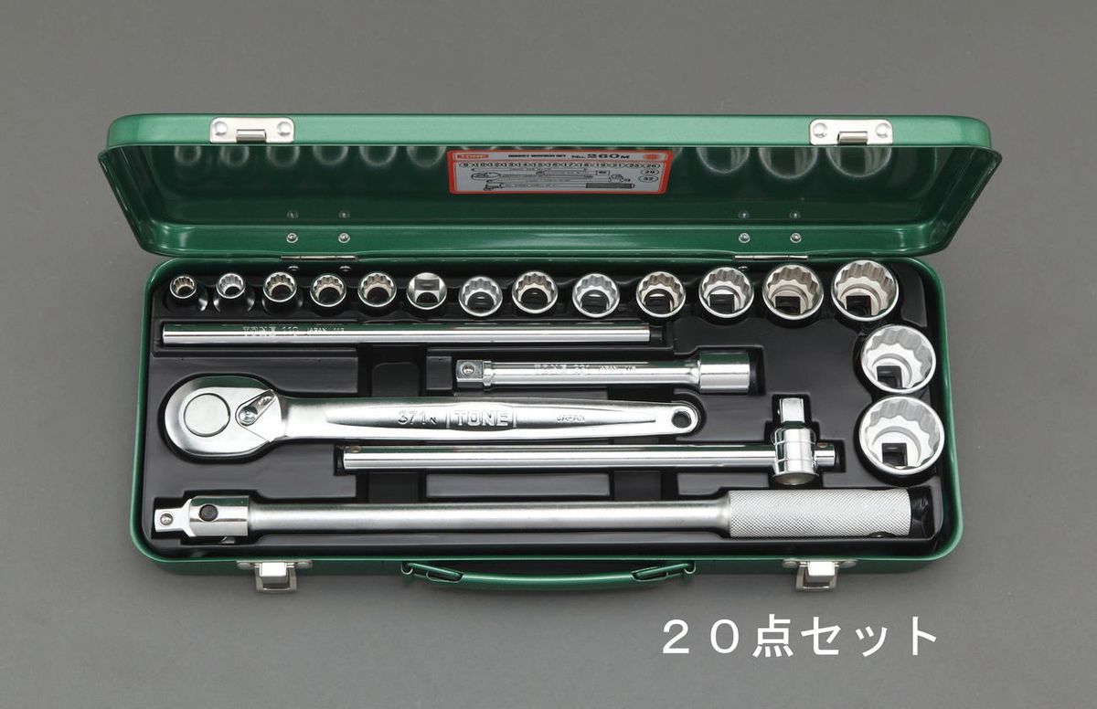 ●(セット内容)…20点セット●ソケット(12角)…9・10・12・13・14・15・16・17・18・19・21・23・26・29・32mm●ラチェットハンドル…270mm●スピンナーハンドル…380mm●T型スライドハンドル…250mm●エクステンションバー…150mm●差込角…1/2”●重量…4.5kg●ケースサイズ…415(W)×180(D)×54(H)mmクロスバー000012226971楽天 JP店　