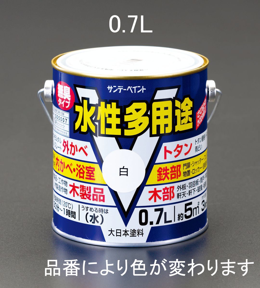 お徳用タイプの水性塗料です。落ち着いた艶に仕上がります。半ツヤ(5分ツヤ)用途：鉄部、木部、トタン、外かべ、内かべ、サイディング、モルタル、ブロック、プラスチック、浴室、雨どいなど自動車、単車、バスタブ、ビニールクロス、壁紙、タイル、フッ素加工面、床には塗装できません。乾燥時間(指触)：20℃：約30分 冬期：約1時間 （半硬化）：20℃：約60分 冬期：約2時間強力サビ止剤、カビ止め剤を配合。乾燥が速く、いやな臭いも抑えてあります。うすめ液：水道水（用具洗いも）塗り面積(1回塗り)：5m2内容量：0.7L色：青000012203654楽天 JP店　