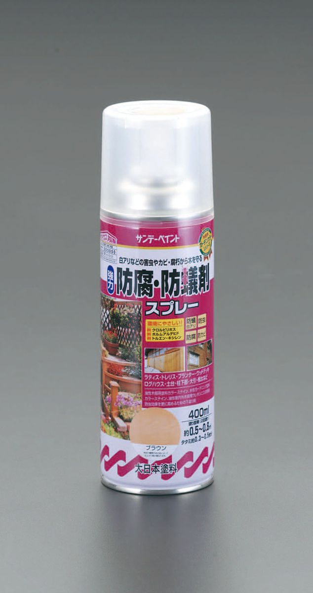 ツヤなし内容量：400mLカラー：ブラウン乾燥時間(指触)：20℃：約3時間、冬期：約6時間 (半硬化)：20℃：約10時間、冬季：約24時間塗り面積(1回塗り)：0.5から0.8m2屋内外木部のシロアリ防除、防虫、防かび、防腐処理用木材の未塗装部分にスプレーして下さい。各種木部用塗料の下塗りとして使用できます。シックハウス症候群の原因物質とされるクロルピリホス、ホルムアルデヒド、トルエンなどを使用しない安全性の高い塗料です。木材に深く浸透して内部からシロアリ防除、防虫、防かび、防腐効果を発揮します。浸透性と薬剤効果により、シロアリ、キクイ虫、かび、腐敗から木材を護ります。000012082438　