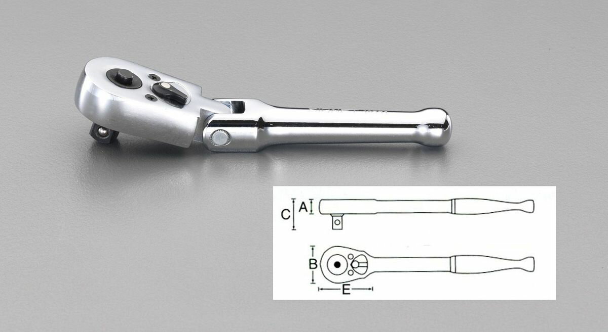 ●全長…140mm●差込角…3/8”●寸法…A：15mm B：33mm C：31mm E：52mm ●送り角…8°プッシュボタン式左右切換式狭い場所での作業に最適なショートタイプのラチェットハンドル。フレックススタビータイプ。000012238659楽天 JP店　