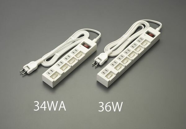定格：15A・125V(1500W)個別スイッチ：4個(ブレーカー内蔵)プラグ：2P(スイング式)雷サージ機能：最大サージ電圧：6000V制限電圧：650Vサイズ：46×215×32mmコンセント：2P×4個コード長：2m絶縁カバー(耐トラッキング)、安全シャッター付一括スイッチ付EA815GM-34WA楽天 JP店　