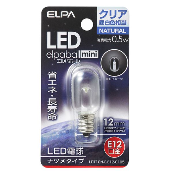 メーカー：朝日電器（ELPA）型番：LDT1CN-G-E12-G105口金：E12光色：昼白色全光束(lm)：18材質：ガラス、アクリル樹脂電圧：100V消費電力：0.5W定格寿命：約30，000時間サイズ：φ20×46mmガラス球光源にはLEDを使用しているため、消費電力が少ない省エネタイプです。屋内装飾照明に最適です。入数：1個000012347126楽天 JP店　