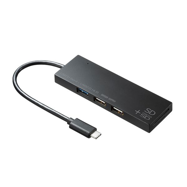 メーカー：サンワサプライ型番：USB-3TCHC16BKサイズ(W×D×H)mm：110×36×10重量(g)：30電源：バスパワーカラー：ブラックコネクタ：USB3.2　Gen1（USB3.1/USB3.0）　Aコネクタ　メス×1（ダウンストリーム）USB　2.0　Aコネクタ　メス×2（ダウンストリーム）Type-Cコネクタ　オス×1（アップストリーム）インターフェース規格：USB仕様　Ver.3.2　Gen1（USB3.1　Gen1/USB3.0）準拠（USB　Ver.2.0/1.1上位互換）通信速度：5Gbps/480Mbps/12Mbps/1.5Mbps（理論値）ポート数：3ポート対応OS：Windows 10・8.1・8・7 macOS 11、macOS 10.12〜10.15、Mac OS X 10.4〜10.11 iPadOS 13〜14 ※iPadOSについてはType-Cポート搭載のiPad Proのみの対応です。 確認済の対応表はこちらUSB3.2 Gen1（USB3.1/USB3.0）×1ポート、USB2.0×2ポートのコンボハブにSDカードスロットとmicroSDカードスロットが付いた便利なハブです。Type-Cコネクタ搭載で、Type-Cポートを搭載したパソコンなどで使用できます。ワイヤレスマウスのレシーバーなどUSB3.2 Gen1（USB3.1/USB3.0）が必要ない機器と併用するのに最適です。1台のパソコンで3台のUSB機器を共有でき、SDカードとmicroSDカードが読み書きできます。※カードリーダーはUSB2.0の速度です。多くの携帯電話に採用されているmicroSD・microSDHC・microSDXCカードがそのまま使えます。SDXCメモリーカード（UHS-I・UHS-II）256GBに対応、microSDXCメモリーカード UHS-II 128GBにも対応しています。※UHS-I・IIの転送速度には対応していません。※カードリーダーはUSB2.0の速度です。※USB3.1 Gen2には対応していません。※USB3.2 Gen1（USB3.1/USB3.0）はUSB-IF（USB Implementers Forum）によりUSB3.0が名称変更されたもので同じ規格です。AC電源不要のバスパワータイプです。Windows＆Mac両対応です。＜ご購入前にご確認ください＞※USB3.2 Gen1（USB3.1/USB3.0）ポートにUSB2.0/1.1規格の製品を接続する場合、最大転送速度は遅いほうの規格になりますのでご注意ください。 ※本製品はUSBハブですが全てのUSB機器に接続、動作を保証できるものではありません。 ※本製品はUSB3.2 Gen1（USB3.1/USB3.0）規格に対応しておりますがUSB3.2 Gen1（USB3.1/USB3.0）の規格値（5Gbps）の転送速度を保証するものではありません。 ※本製品はバスパワー専用です。接続する周辺機器の4ポートの合計値が800mA以内の場合に限り使用可能です。 ※接続した周辺機器の消費電流合計値が820mA以上の場合、正常に動作しないことがあります。入数：1個000012337008楽天 JP店　