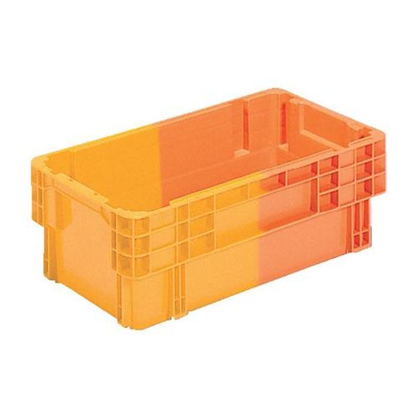 ●容量…21.9L●外寸(mm)…550×295×188（H）●材質…ポリプロピレン●内寸（mm）…507×254×178●有効内寸…492×239×168mm●圧縮荷重…25.5kN(2600kgf)●色…オレンジ/イエロー●重量(g)…1640●ネスティングの高さ…95mm●底面形状…格子網目底面全面がアミ目でアミ目自体が格子状のリブ（平面部を補強するためその面に垂直に立てられた板形状）構造になっています。リブの高さによって曲げ強度は決まり、リブが高ければ高いほど、高い曲げ強度を示し重量物の収納による底面のたわみを防止します。●180°回転により同色でスタッキング2色コンテナ（SNコンテナ）で採用されているタイプで、同色・同形状スタッキングタイプとも言います。製品を水平に180°回転させることで、スタッキング（積み重ね）とネスティング（収納）の二つの形態がとれるタイプです。スタッキング時は商品を収納しての搬送や保管に利用できます。空箱時はネスティングさせることで、容積を小さくでき、空箱の保管場所や運送費の削減が可能です。スタッキング時の耐荷重性を重視した設計で、段積み時の強度に優れています。製品詳細スペック内の「圧縮荷重」（スタッキングした製品の最大圧縮荷重を示しています。その値を4で割った数値以内をご使用の目安としてください）をご確認ください。●積み重ね可能EA506AD-50楽天 JP店　