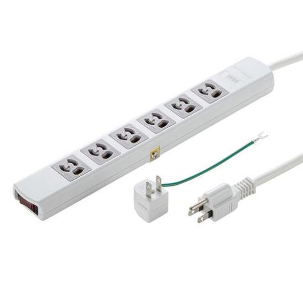 ●コンセント…3P(抜止)×6口●コード長…3m●定格…15A・125V(合計1500Wまで)●プラグ…3P(3P→2P変換アダプタ付き)●サイズ…305(W)×45(D)×26(H)mm●カラー…ホワイト●差込口間隔…35mm●アースコード長…150mm●コード仕上がり外形寸法…8.5mm●使用地域…日本国内のみ。日本以外ではご使用いただけません。●認証…電気用安全法(PSE)技術基準適合品●ブレーカー内蔵で電力オーバーによる発熱や火災事故を防げます。※接続している機器の消費電力の合計が1500Wを超えた場合、ブレーカーが作動し電源が切れます。●通電ランプ付きの一括集中スイッチが付いているので、通電状態が一目でわかり消し忘れが防止でき便利です。●トラッキング火災予防に有効な絶縁キャップ付きプラグを採用しています。●3P→2P変換アダプタ付きです。●アースターミナル付きです。●マグネット付きなので、スチールキャビネット・デスクに取り付けできます。●＜ご注意＞※消費電力が1500Wを超えても、すぐに電源は切れません。オーバーした消費電力の％によって、ブレーカーが作動するまでの時間は異なります。　　135％オーバー時（2025W）約1時間200％オーバー時（3000W）約4〜50秒300％オーバー時（4500W）約0.8〜12秒500％オーバー時（7500W）約0.3〜4秒※室温25℃の場合●＜ブレーカーが作動した場合＞※一度接続した機器をタップから外し、1500W以下になるように機器を取り除き、リセット側にスイッチを押して使用してください。EA815GM-333楽天 JP店　
