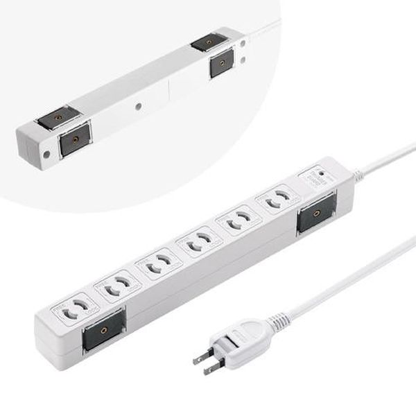 ●コンセント…2P×6口●コード長…3m●定格…15A・125V (1,500Wまで)●プラグ…2P(絶縁キャップ付きスイングプラグ)●サイズ…260×32×35(H)mm●カラー…ホワイト●コード…VFF1.8スケア（SQ）●制限電圧…775V●バリスタ電圧…470V●サージ耐量…2,500A●日本国内のみ。日本以外ではご使用いただけません。●強力ダブルマグネット(底面、側面、計4個付き)でスチール面にしっかり固定できます。本体裏面N(2個)と側面(2個)に強力なマグネットが付いているため、スチール製のキャビネットや天板、側面どちらにも設置が可能です。●不意なプラグ抜けを防止する、抜け止め式差し込み口です。●雷ガード内蔵で接続機器を雷から守ります。LEDランプ付きなので動作状態が確認できます。●プラグはトラッキング火災予防に有効な絶縁キャップ付き2Pスイングプラグを採用しています。●電源コードは安全性の高いVFF(二重被覆)、VCTF(二重絶縁)を採用しています。EA815GM-403楽天 JP店　