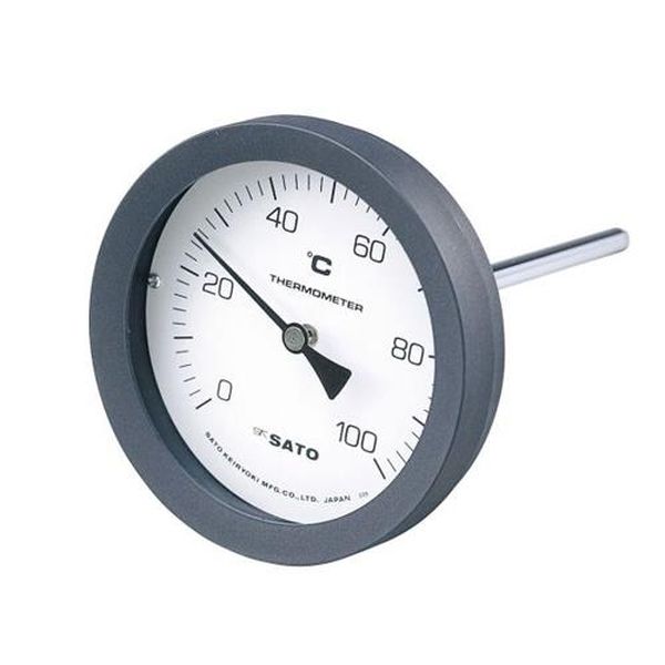 ●測定範囲(℃)…0〜100●感温部長(mm)…100●1目盛…2℃●ダイヤル径…φ100mm●ケース外径…110mm●取付ねじ…R1/2”（真鍮）●ケース材質…プラスチック（ポリアミド樹脂）●感温部径…8mm（真鍮）●精度…±1目盛●ねじ部耐圧…0.5MPa●透明板材質…ガラス●室内用●感温部をケース背面に配置した（裏出し型）バイメタル式温度計です。●ケースにポリアミド樹脂、感温部やネジを真鍮製にすることでコストダウンを実現しました。●次の場合は必ず保護管（オプション）をご使用ください。1．50℃以上の液体を測定する場合（やけどや火災の危険性があります）2．0.5MPa以上の圧力がかかる場合3．腐食性の被測温物を測定する場合（ただし材質SUS304が環境により耐腐食に適材と認められない場合があります）●トレーサビリティ校正：対応JCSS校正：非対応●※ご発注の際は、ご使用になられる温度に対し余裕をもった目盛範囲をご指定ください。　例：100℃をご使用の場合は、目盛範囲0〜150℃を指定EA727A-57A楽天 JP店