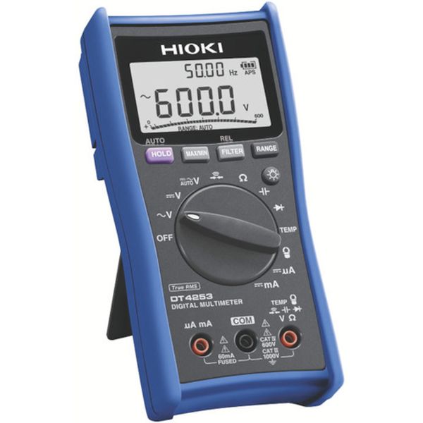 ・DC V基本確度±0.3%、AC Vの周波数特性40Hz〜1kHzの標準タイプです。・計装用途の直流低電流レンジ(mA)を備えたモデルです。・ローパスフィルタ100Hz/500Hzで高調波カットしています。・コンデンサ、周波数測定など多数の機能を搭載しています。・1mの落下に耐える堅牢設計です。・明るく見やすいバックライト付きです。・高い安全性と信頼性を備えたスタンダードなデジタルマルチメーターです。・-10℃〜50℃と広い使用温度範囲です。・クランプで大電流測定可能です。・PC計測に対応するUSB通信機能があります(別売オプション DT4900が必要です)。・電気工事全般に。・研究開発に。・電気・電子回路設計、製造、検査、サービスに。・屋内電気工事・電気設備の工事・メンテナンスに。・直流電圧(V)：1000・交流電圧(V)：1000・交流電流(A)：ACクランプ測定：1000・抵抗(Ω)：60M・直流電流(mA)：60・検波方式：真の実効値整流(RMS)・電源(V)：単4アルカリ乾電池×4本(付属)・幅(mm)：84・奥行(mm)：52・高さ(mm)：174・電源：単4アルカリ乾電池×4本(付属)・コンデンサ(m)：10・最大表示(カウント)：6000・適合規格：EN61010(安全)、EN61326(EMC)、測定カテゴリ：CAT4 600V、CAT3 1000V・直流電圧：600.0mA〜1000V/5レンジ・防塵防水性(EN 60529)：IP 42・交流電圧(V)：6.000/60.00/600.0/1000・直流電圧(V)：600.0m/6.000/60.00/600.0/1000・抵抗(Ω)：600.0/6.000k/60.00k/600.0k/6.000M/60.00M・コンデンサ(F)：1.000u/10.00u/100.0u/1.000m/10.00m・直流電流(A)：60.00u/600.0u/6.000m/60.00m・測定機能：直流交流自動判別(AUTO V)、周波数、温度、導通、ダイオード、クランプ・機能：ドロッププルーフ、オートレンジ、マニュアルレンジ、数値ホールド、オートホールド、バックライト、ローパスフィルター、最大最小平均(MAX/MIN/AVG)、オートパワーセーブ(APS)、電池残量、過入力警告、相対値表示(リラティブ)・テストリード(L9207-10)×1・単4形アルカリ乾電池(LR03)×4・取扱説明書×1・ホルスタ(本体装着)・生産国 日本・JANコード 4536036000791・質量 390g・コード：753-8618 ・品目：DT4253DT4253楽天 JP店　