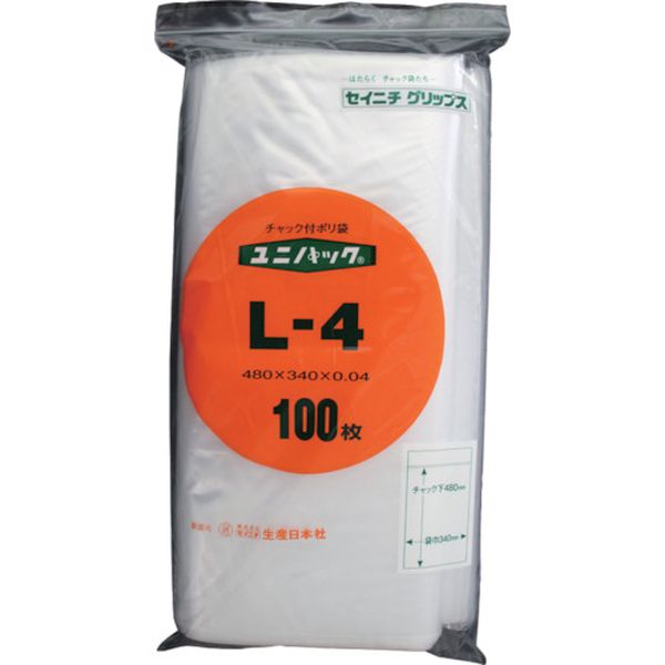 【メーカー在庫あり】 L4 チャック付ポリ袋 ユニパック 透明 縦480×横340×厚さ0.04mm 100枚入 L-4 JP店