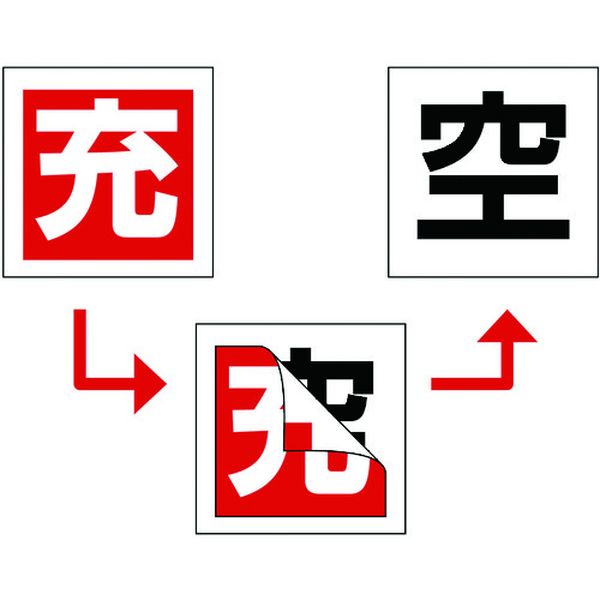 【メーカー在庫あり】 高圧ガス関係標識 ボンベ充空ステッカー 充(赤)⇒空(白) 札-6...