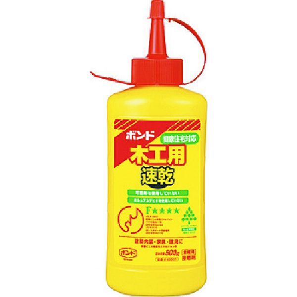 ・ホルムアルデヒド・フタル酸系可塑剤は使用していません。・乾燥後はほぼ透明になり、刃物を傷めずに切削加工ができます。・JIS F☆☆☆☆規格品です。・日本接着剤工業会JAIA 4VOC基準適合品です。・健康住宅対応の速乾水性接着剤です。・乾燥後はほぼ透明となり、目立ちません。・乾燥後は切削が可能です。・木、布、紙の接着。・色：乳白色・容量(g)：500・容量(kg)：0.5・ボンド木工用速乾500g(ボトル)#40007・チューブタイプ・主成分:酢酸ビニール樹脂系エマルジョン形・生産国 日本・JANコード 4901490400072・質量 0.560kg・コード：117-2358 ・品目：BMSK500BMSK-500楽天 JP店　