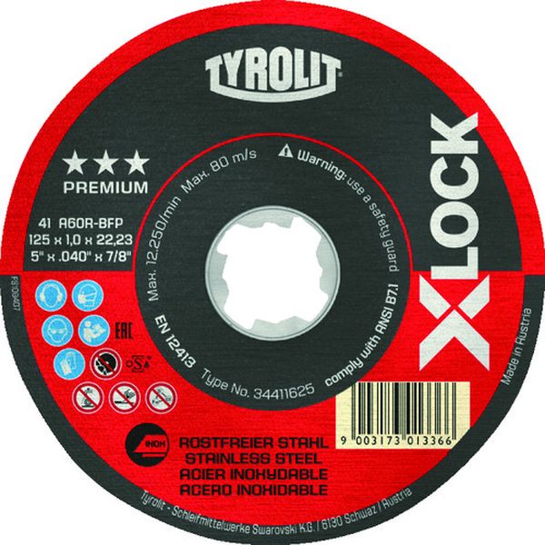 ・TYROLIT社の三段階グレードのなかでも、最上位に位置する「プレミアム」ラインの製品です。・ステンレス鋼の切断作業に。・砥材：A・粒度(#)：46・硬度：R・外径(mm)：125・刃厚(mm)：1.6・穴径(mm)：22.23・最高使用回転数(rpm)：12250入数(枚)：25・X-LOCK取付機構モデルで、ワンタッチで取付及び取外し可能です。・★★★プレミアムタイプ(難削材に対しても極めて高いパフォーマンスを発揮)・使用工具：X-LOCK機構ディスクグラインダー・アルミナ砥粒・生産国 オーストリア・JANコード 9003173013373・質量 52g34411626楽天 JP店　