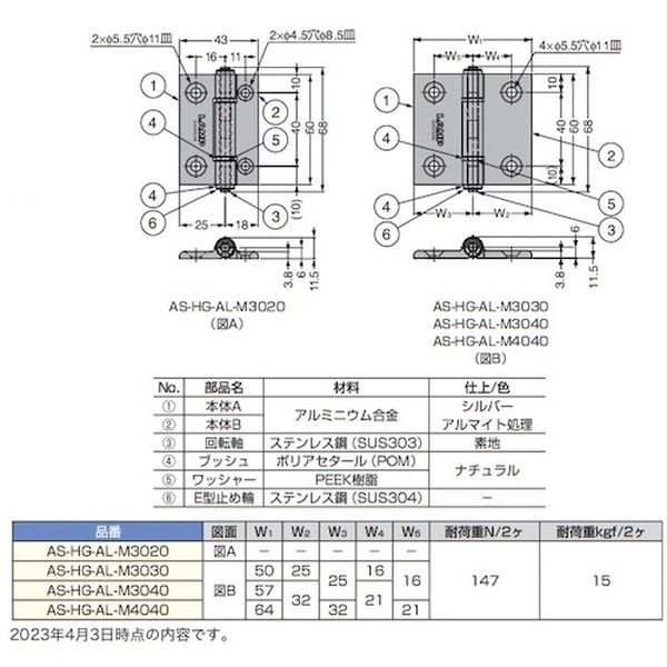 【メーカー在庫あり】 ASHGALM3040 (170011681)AS-HG-AL-M3040アルミ合金製蝶番 AS...
