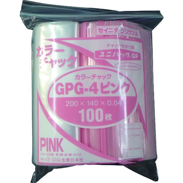 ・カラフルなチャックで商品の仕分けに最適です。・色：透明ピンク・縦(mm)：200・横(mm)：140・厚さ(mm)：0.04・100枚入り1袋×30・生産国 日本・JANコード 4909767173650・質量 315g・コード：127-3953 ・品目：GPG4COLORCHAKKUPINKGP楽天 JP店