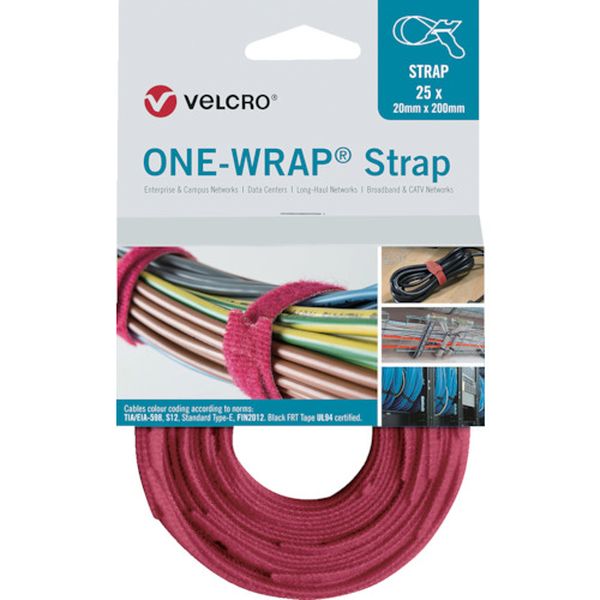【メーカー在庫あり】 ヴェルクロ［［R上］］ ONE-WRAP［［R上］］ ストラップ 幅25mm×長さ300mm 赤 (25本1巻き) VEL-OW64805 JP店