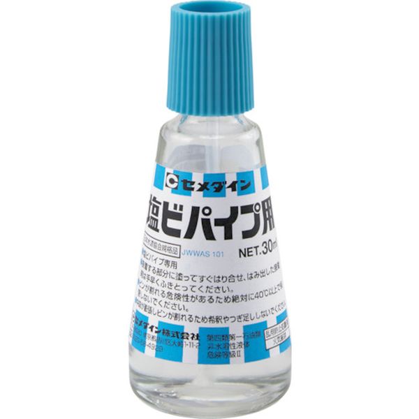 ・硬質塩ビを溶かして接着するドープセメントタイプの接着剤です。・キャップにハケがついていて、塗布しやすい低粘度型です。・硬質塩ビ、半硬質塩ビの接着に。・硬質塩ビパイプ(上水道、下水道)の接合部の接着に。・※HI、HT管は接着しません。・接着できるもの：硬質プラスチック 等。・接着できないもの：上記以外すべて。・色：透明・容量(ml)：30・日本水道協会規格品(JWWAS101)・ハケ塗りタイプ・ビン入り・酢ビ/塩ビ共重合樹脂・生産国 日本・JANコード 4901761101165・質量 75g・コード：813-5159 ・品目：CA123CA-123楽天 JP店