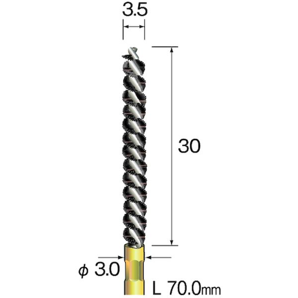 ・穴口エッジ、穴内周面、交差穴のバリ取り、面取りに最適なブラシです。・工具鋼、合金鋼、樹脂、ゴム、一般鋼、ステンレス、アルミニウム、銅に。・線径(mm)：φ0.3・全長(mm)：70.0・外径(mm)：3.5・ブラシ部長さ(mm)：30・軸径(mm)：3.0・最高使用回転数(rpm)：3000・適合素材：工具鋼、合金鋼、樹脂、ゴム、一般鋼、ステンレス、アルミニウム、銅・砥粒入りナイロン・生産国 日本・JANコード 4571130889002・質量 8g・コード：853-0426 ・品目：FD2156FD2156楽天 JP店