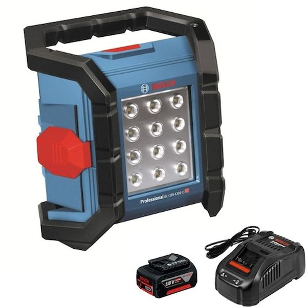 ・最大1200ルーメンの明るさ・IP64 屋外使用可能・照度2段階調整・1/4インチ取付穴径の三脚に取付可能・コネクト機能(Bluetooth)によりスマホと繋げて機能設定、個体情報の確認が可能・屋内、屋外照明・明るさ(lm)：照度弱800/照度強1200・幅(mm)：217・奥行(mm)：135・高さ(mm)：215・電圧(V)：DC18、DC14.4(ボッシュプロ用充電式専用バッテリー)・光源：LED・連続点灯時間：照度弱約130分/Ah、照度強約80分/Ah・使用温度範囲：0〜+45℃・保管温度範囲：-20〜+50℃・防塵・防水性能：IP64・ポリアミド樹脂・本体・5.0Ahバッテリー(A1850LIB)×1個・充電器(GAL1880CV)・生産国 中国・質量 2.100kg・コード：522-7338 ・品目：GLI18V1200CSETGLI18V-1200CSET楽天 JP店　